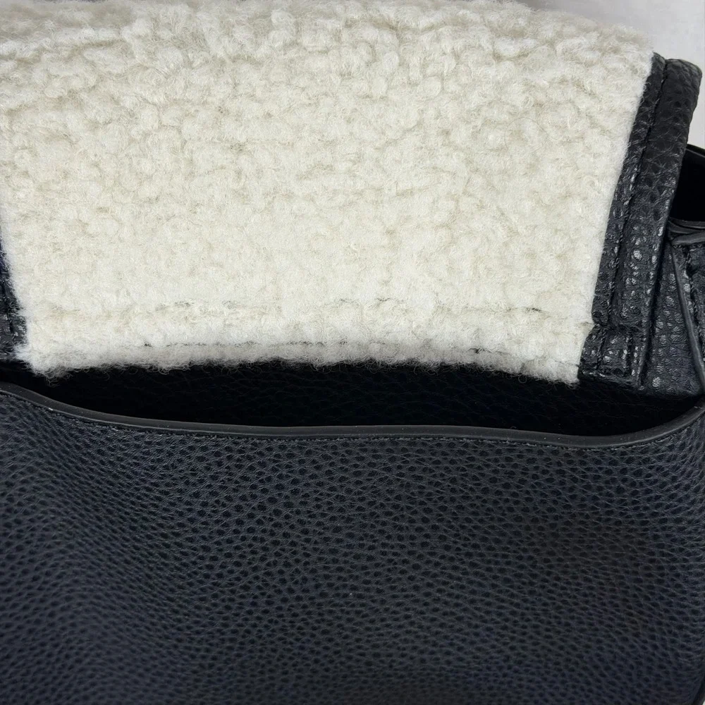 Kedzie Sherpa‎ Trim Crossbody Bag Black Faux Leather Gold Tone Zipper